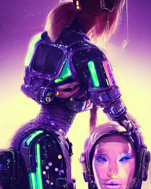Prompt: detailed portrait neon guard girl with long blond hair and her boy friend very short brown hair, seen from the back, cyberpunk futuristic, reflective puffer jacket, black leggings, made of iridescent metals and shiny purple gems by ismail inceoglu dragan bibin hans thoma, perfect face, fine details, realistic shaded, fine - face, pretty face