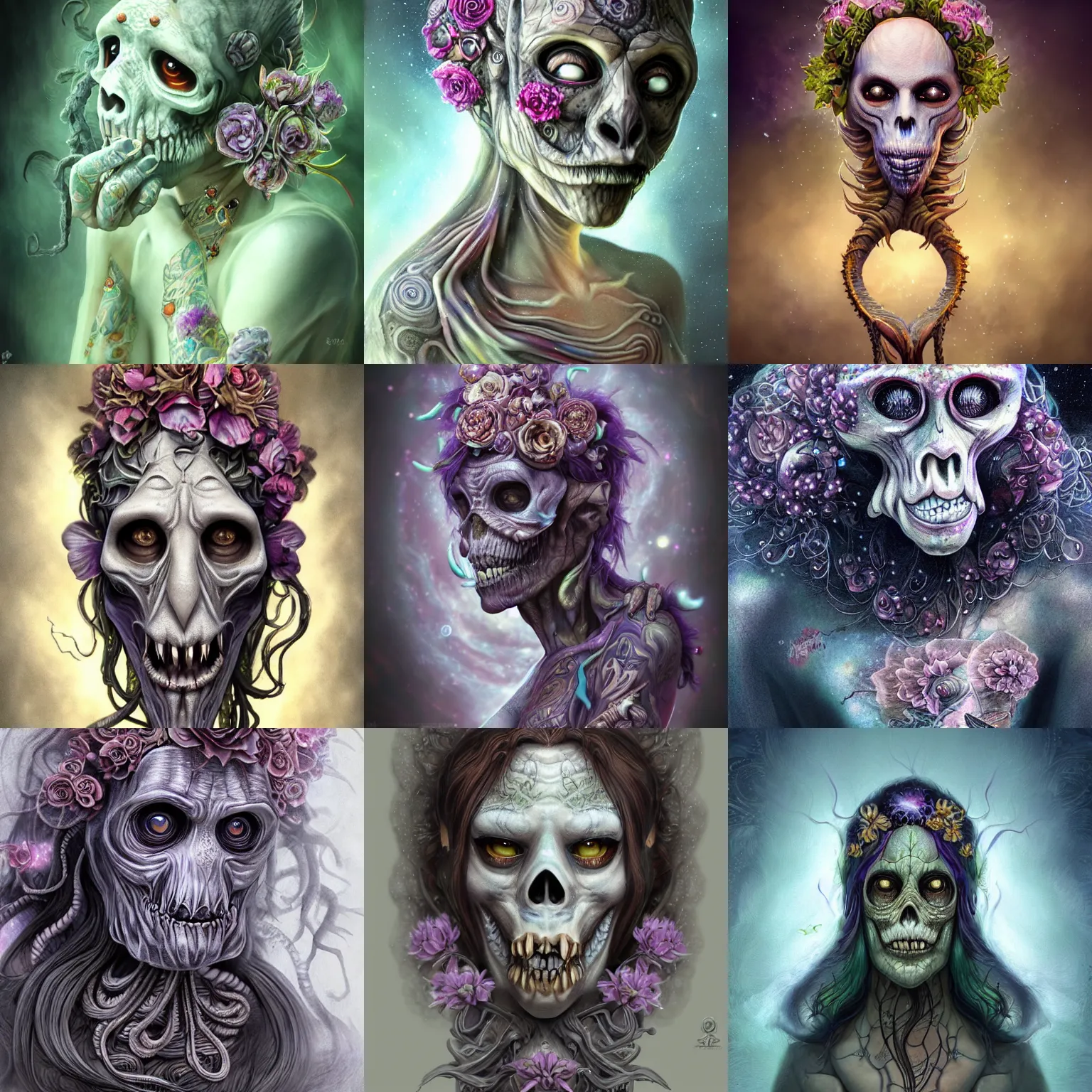 Prompt: a wlop 3 d render of very very very very highly detailed beautiful mystic portrait of a phantom undead cthulu ape female with whirling flowers and galaxy around, tattoos by anton pieck, intricate, extremely detailed, digital painting, artstation, concept art, smooth, sharp focus, illustration, intimidating lighting, incredible art,