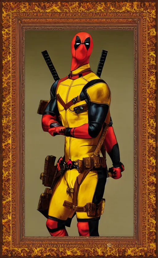 Image similar to deadpool portrait photography masterpiece, perfectly poised, foreshortening, brown hair fringe, yellow ochre ornate medieval dress, frederic leighton, background by william morris and kilian eng, framed, 4 k