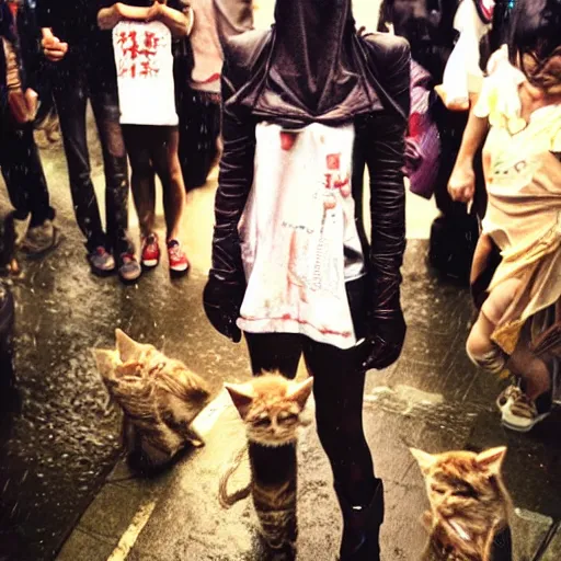 Image similar to pyramid head from silent hill petting a group of kittens in the rainy streets of Tokyo