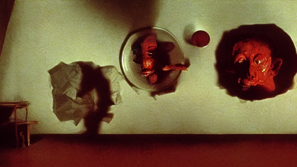 Image similar to the face with the plate of food under my bed, film still from the movie directed by denis villeneuve and david cronenberg with art direction by salvador dali and zdzisław beksinski, wide lens