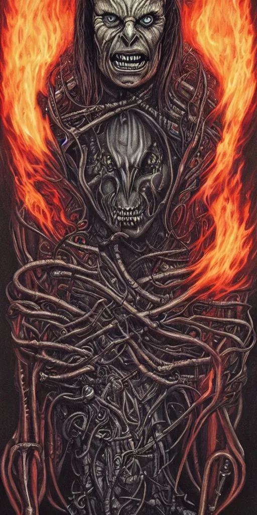 Image similar to giger doom demon portrait of a handsome satanic brown haired hippie with long hair and blue eyes, fire and flame, Pixar style, nightmare fuel, by Tristan Eaton Stanley Artgerm and Tom Bagshaw.