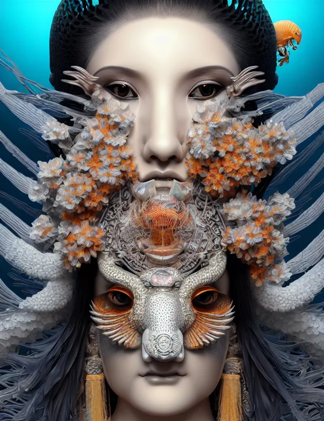 Image similar to 3 d goddess close - up 3 / 4 portrait with ram skull. beautiful intricately detailed japanese crow kitsune mask and clasical japanese kimono. betta fish, jellyfish phoenix, bio luminescent, plasma, ice, water, wind, creature, artwork by tooth wu and wlop and beeple and greg rutkowski