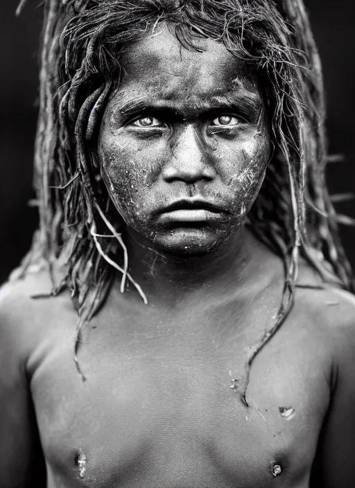 Image similar to Award winning Editorial photo of a Native Nauruans with incredible hair and beautiful hyper-detailed eyes wearing traditional garb by Lee Jeffries, 85mm ND 5, perfect lighting, gelatin silver process