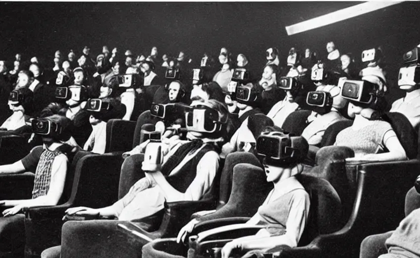 Prompt: 1 9 0 0 s photo of people wearing virtual reality headsets vr in a movie theater masterpiece old photograph
