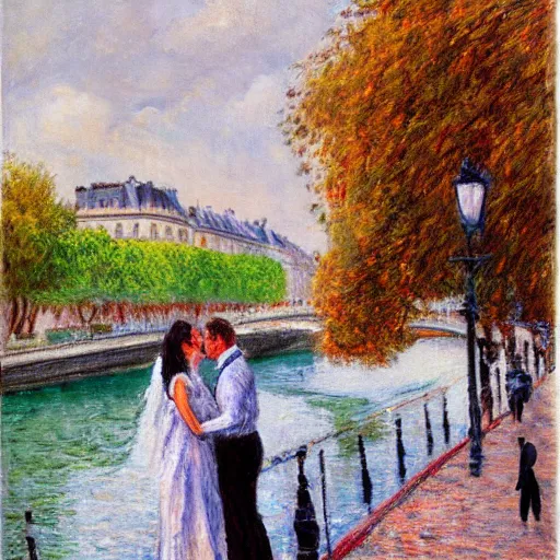 Image similar to impressionism kissing near le seine, paris