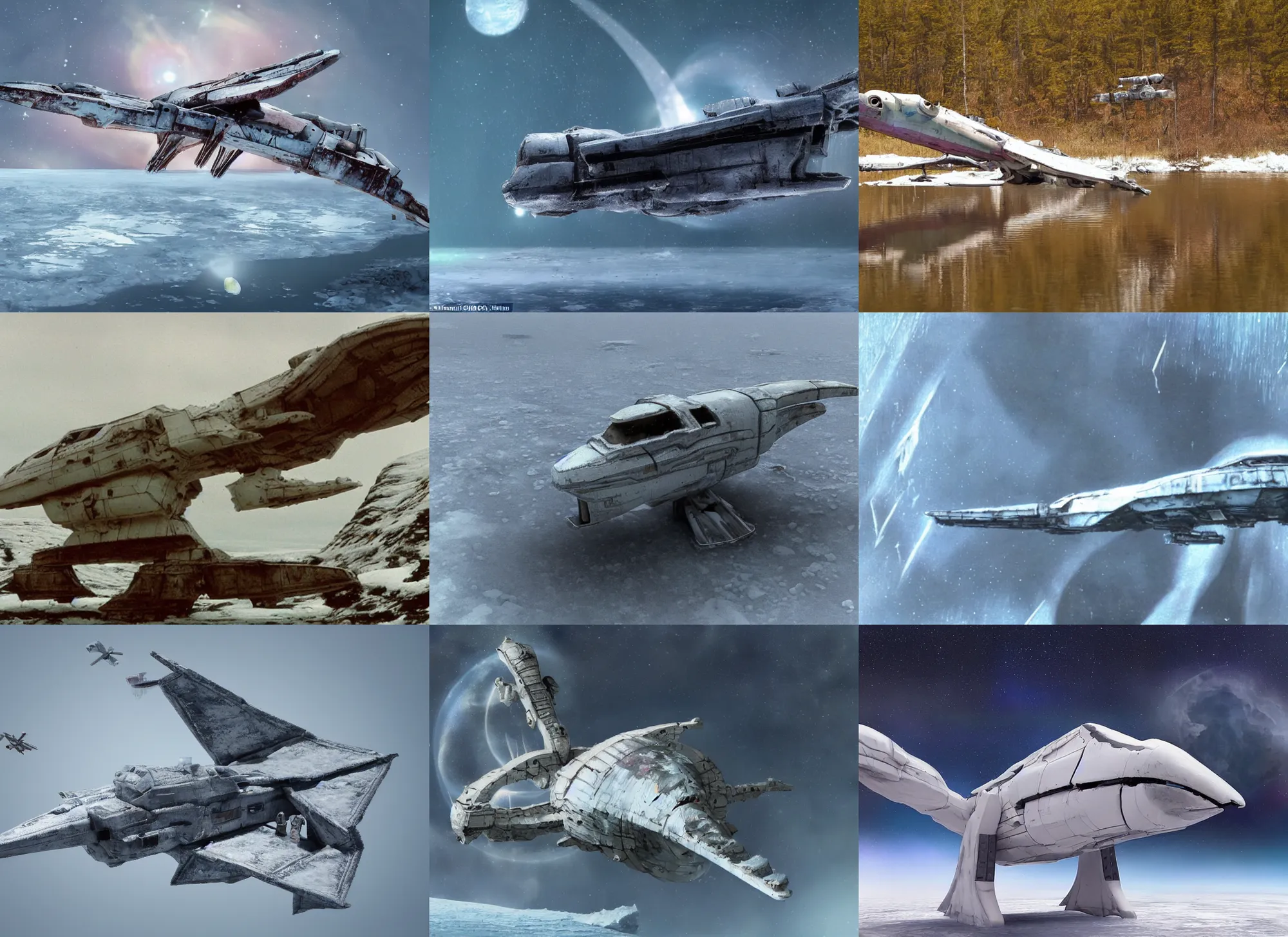 Prompt: soft focus semi-realistic cute damaged spaceship named The Icy Condor with landing gear down landing on a swamp