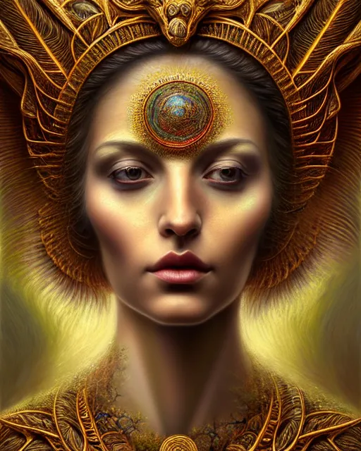 Image similar to portrait of the beautiful young goddess of fauna, unusual beauty, etheric, outworldly colours, emotionally evoking symbolic metaphors, head in focus, fantasy, ornamental, intricate, elegant, highly detailed hyperrealistic painting, artstation, concept art, painterly, golden ratio, sharp focus, illustration, art by tomasz alen kopera,