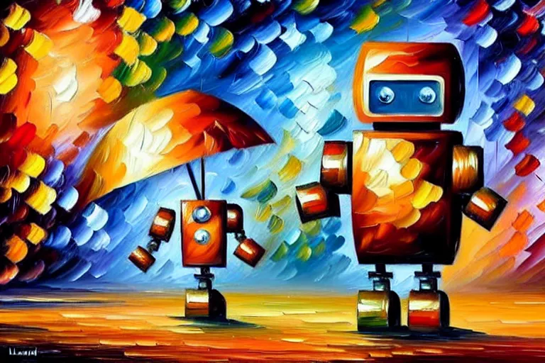 Image similar to a cute little robots painting by leonid afremov