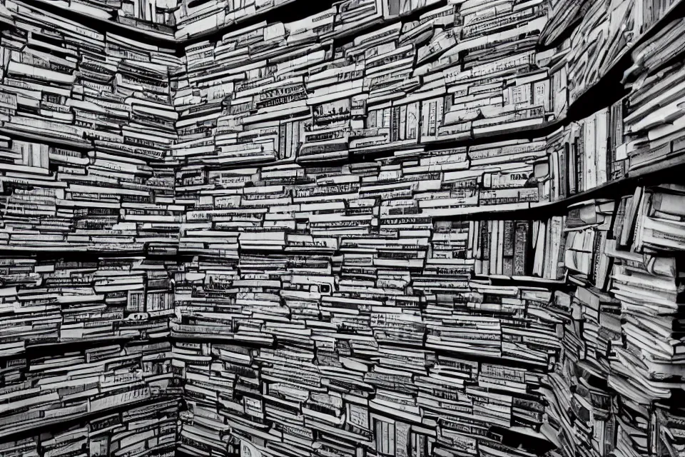 Image similar to a castle made of books, black and white photography