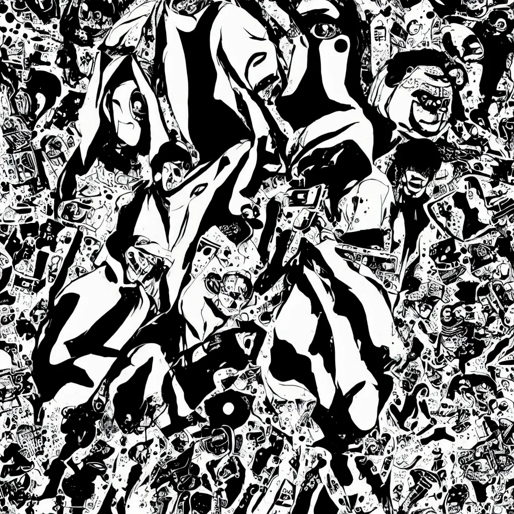 Prompt: faceless human figures, kazuo umezu artwork, jet set radio artwork, stripes, tense, space, cel - shaded art style, burqa, ominous, minimal, cybernetic, cowl, dots, stipples, lines, hashing, thumbprint, dark, eerie, motherboards, crosswalks, guts, folds, tearing