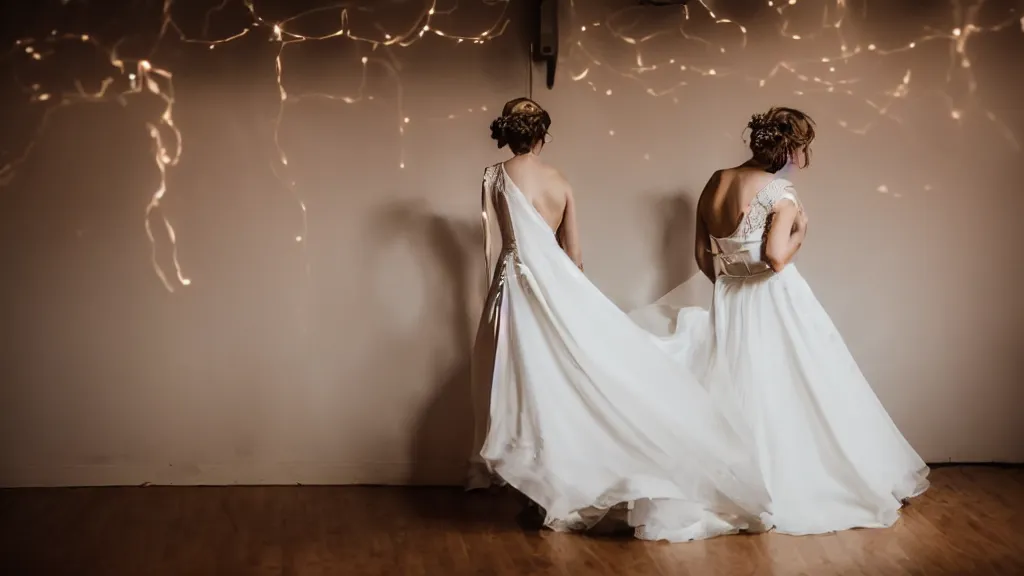 Prompt: a back view of a bride in a wedding dress looking at a dancing stage with bokeh light effect in the background