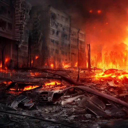 Prompt: the strenght of a horrifying fire in a destroyed dystopian city, very hyperrealistic picture, 4k