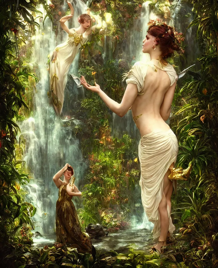 Image similar to hyper realistic photographer looking through a vintage medium format camera, magic pouring from lens, fantasy castle, full body waterfall dress, design on white background, beautiful details, lush foliage cyberpunk, gold, drawn by john singer sargent, tom bagshaw, norman rockwell, alphonso mucha, lolish, trending on artstation