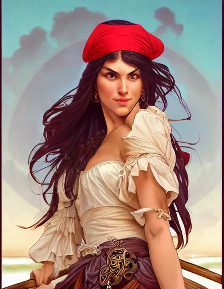 Prompt: fully clothed pirate captain personified. sun, summer, strength, knowledge, smart, portrait, symmetrical, highly detailed, digital painting, artstation, smooth, sharp focus, illustration, strength, art by artgerm and alphonse mucha and louis theophile hingre