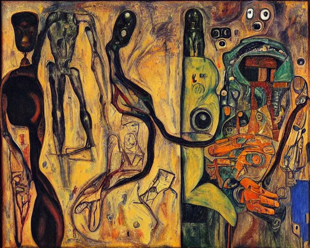 Image similar to a painting of a aliens and robots by graham sutherland, egon schiele, gustav klimt, edvard munch, expressionism