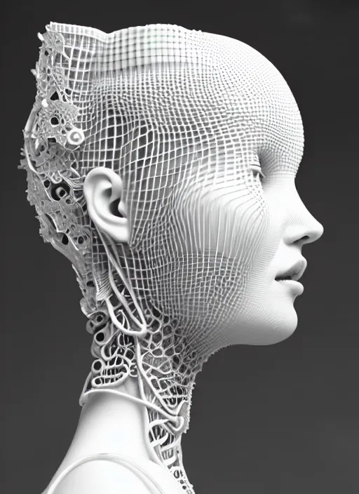 Image similar to complex 3d render ultra detailed of a beautiful porcelain profile woman face, mechanical cyborg, 150 mm, beautiful natural soft light, rim light, silver vanilla details, magnolia big leaves and stems, roots, fine foliage lace, maze like, mesh wire, intricate details, hyperrealistic, ultra detailed, mandelbrot fractal, anatomical, white metal neocubism armor, facial muscles, cable wires, microchip, elegant, octane render, H.R. Giger style, 8k