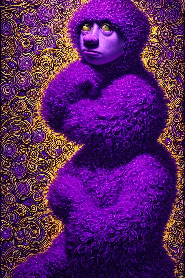 Image similar to bizarre purple blacklight detailed renaissance portrait of cookie monster as a highly detailed realistic real life person, dramatic cinematic lighting, 8 k, beautiful intricate painting by james r eads and tomasz alen kopera