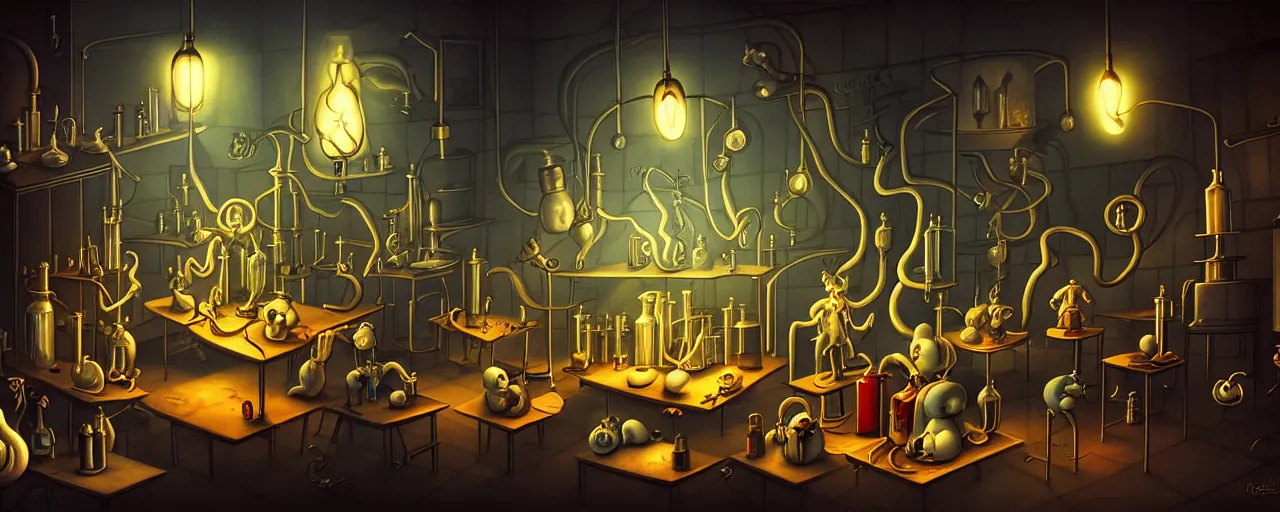 Prompt: uncanny alchemist chthonic creatures inside an alchemical lab within the left ventricle of a human heart, dramatic lighting, surreal fleischer cartoon characters, surreal painting by ronny khalil