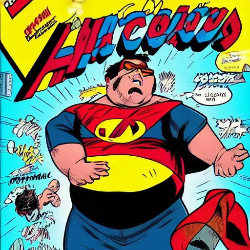 Image similar to A fat nerd as a comic book hero fighting off evil,, 4k, comic book cover