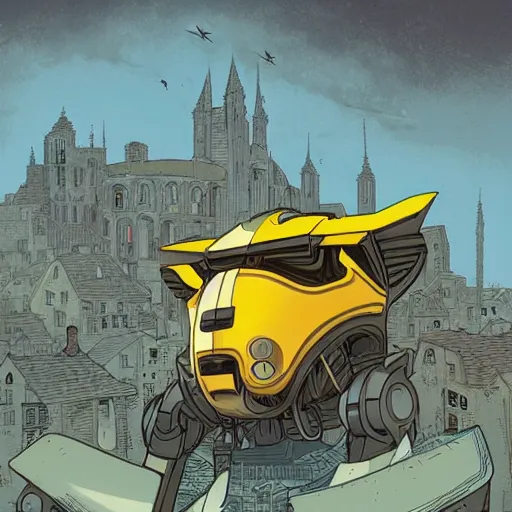 Image similar to bumblebee standing in a medieval town by kilian eng