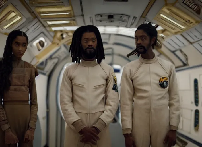 Prompt: first official image from wes anderson's new space opera film starring lakeith stanfield and grimes. shot on alexa mini, stunning cinematography, filmgrain, kodak vision 2 0 0 t, shot composition