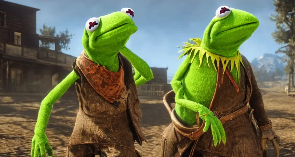 Prompt: Screenshot of Kermit the Frog in the videogame 'Red Dead Redemption 2'. Sharpened. 1080p. High-res. Ultra graphical settings.