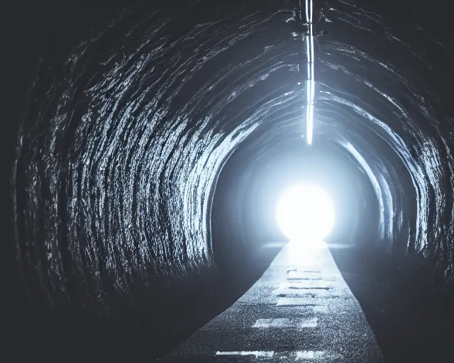 Image similar to a dark tunnel with a light at the end, a photo by bedwyr williams, trending on unsplash, light and space, anamorphic lens flare, flickering light, dark