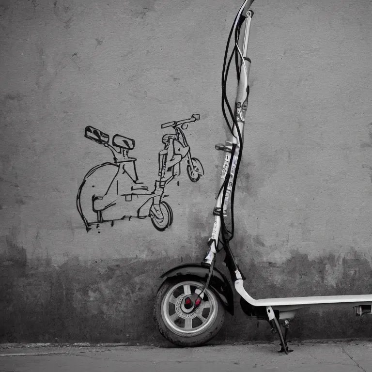 Prompt: a painting of a electro scooter in style of banksy, grayscale, high detailed, street-art, graffiti