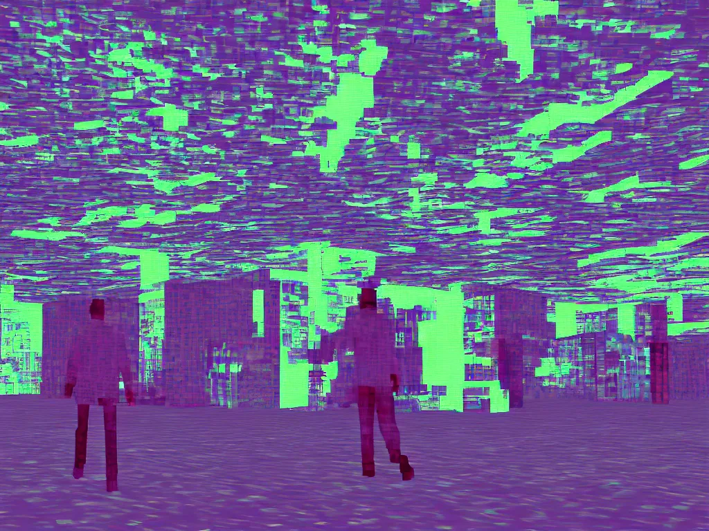 Prompt: vaporwave glitchy corrupt jpeg of a man walking in PS1 game city