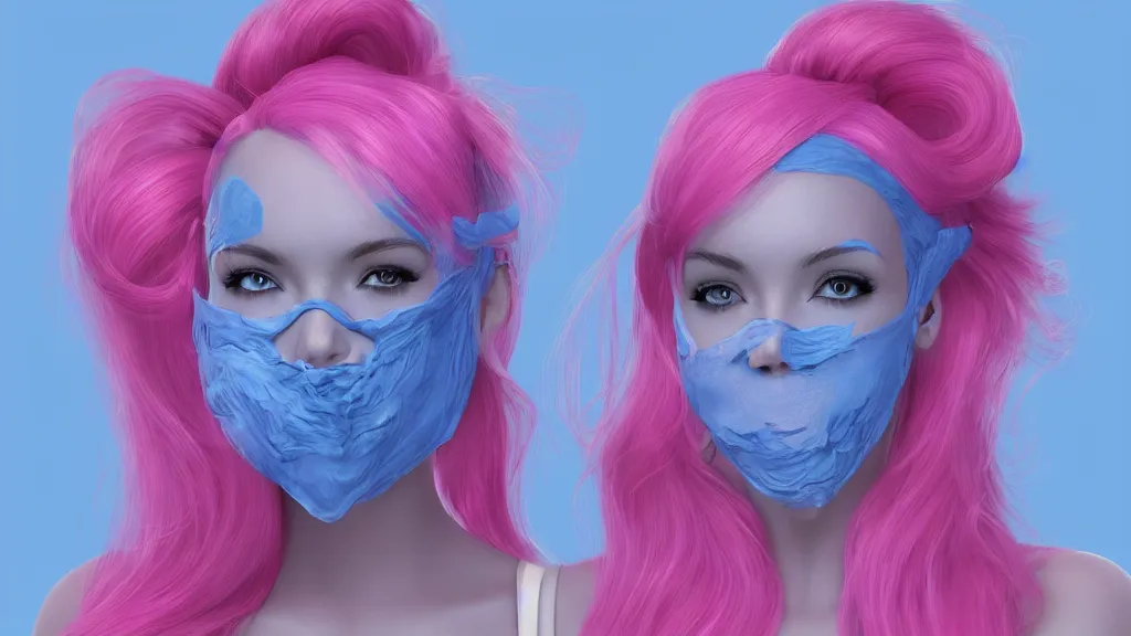 Image similar to beautiful woman with her hair in large pink hair rollers and blue face mask trending on artstation, 8 k