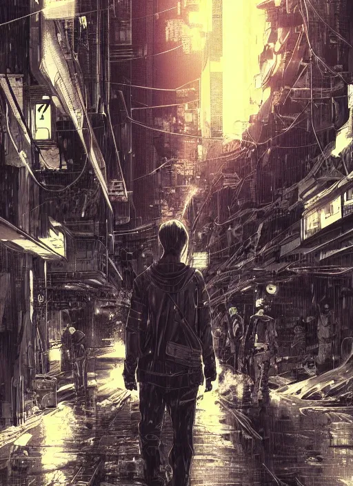 Prompt: manga cover, ryan gosling, techwear fashion, intricate cyberpunk city, emotional lighting, character illustration by tatsuki fujimoto