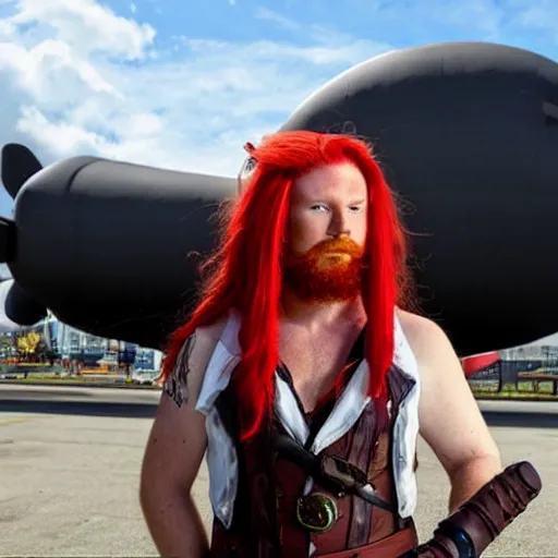 Image similar to male sky-pirate with long red hair and red beard in front of an airship, full metal alchemist, anime style