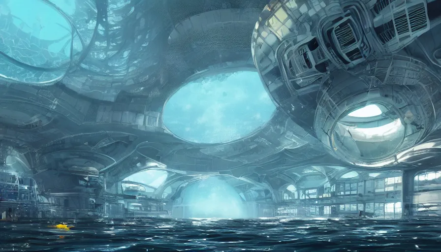 Image similar to underwater crowded cloning facility build under metallic dome, machines, technologies, machines, experience, giant building, hyperdetailed, artstation, cgsociety, 8 k