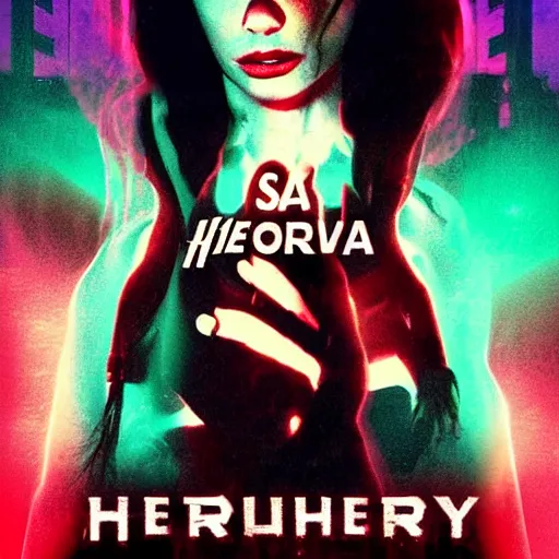 Image similar to a horror movie poster, staring Sofía Vergara as the heroine, neighborhood themed, synthwave, cyberwave, by Sam Werczler