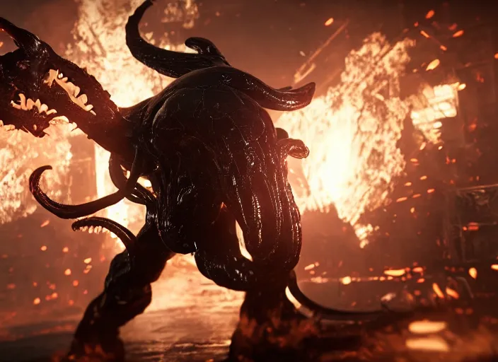 Prompt: venom fused with doomslayer, ultra realistic 4 k unreal engine very cinematic render with ray tracing bloom ambient occlusion strong reflections depth of field fog