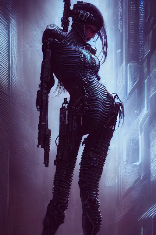 Image similar to a highly detailed long shot photo of cyberpunk female character by ayami kojima, elf, beksinski, giger, elf, gun, intricate, digital painting, artstation, concept art, smooth, sharp focus, full body