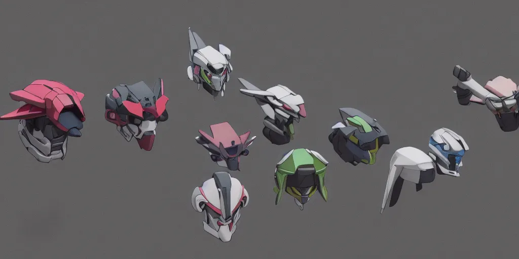 Prompt: Isometric 3d octane render of gundam head pieces