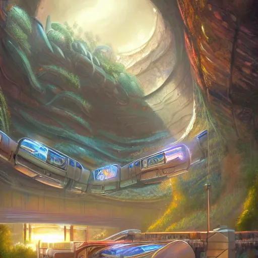 Image similar to a beautiful matte painting of a scifi monorail, tunnel below cybercity, by tyler edlin, trending on artstation