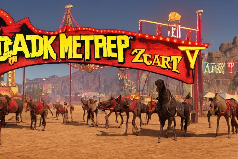 Image similar to 3d sculpt of an arched sign for a circus called 'the dark metal carnival', red dead redemption2, las vegas, artstaton, digital illustration