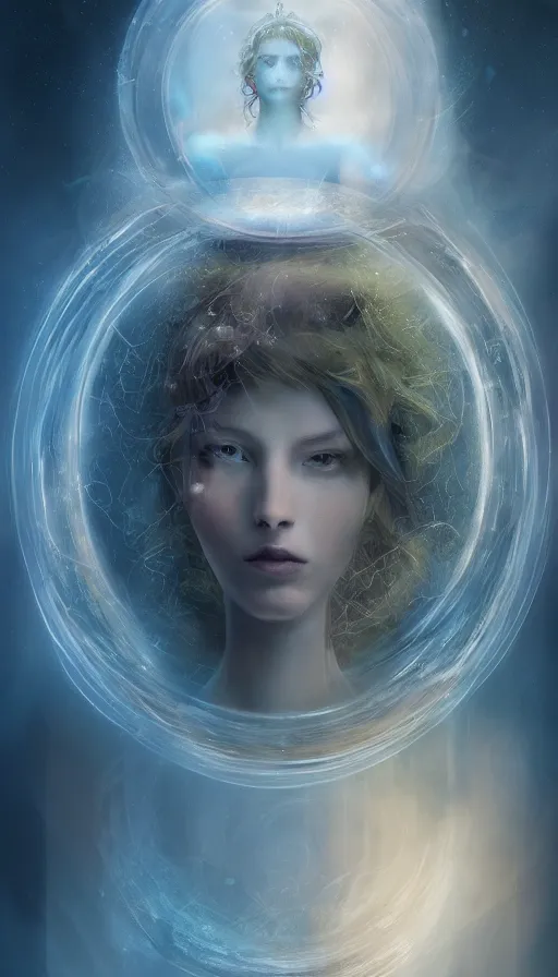 Prompt: goddess of illusion, beautiful, stunning, breathtaking, mirrors, glass, magic circle, magic doorway, fantasy, mist, bioluminescence, hyper - realistic, unreal engine, by sam spratt