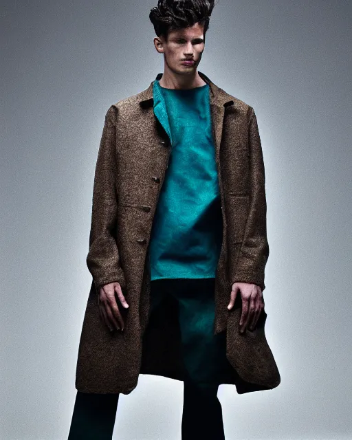 Prompt: an award - winning photo of a male model wearing a baggy teal distressed medieval menswear short coat by issey miyake, 4 k, studio lighting, wide angle lens