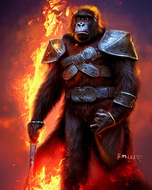 Image similar to fury art, an anthro ape wearing a large cape and a fantasy armor, fire, fiery background, 3 d, 8 k, extremely detailed, trending on furaffinity, trending on artstation, award winning, sharp focus, illustration