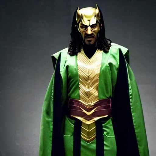 Prompt: film still of Snoop Dogg as Loki in the new Avengers film