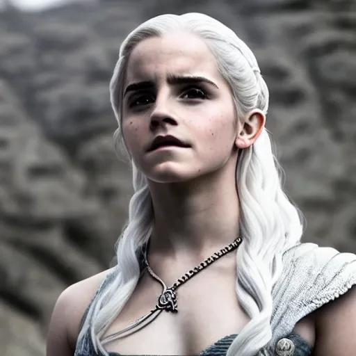 Image similar to Emma Watson as Daenerys Targaryen, XF IQ4, f/1.4, ISO 200, 1/160s, 8K, Sense of Depth, color and contrast corrected, Nvidia AI, AI enhanced, Dolby Vision, in-frame