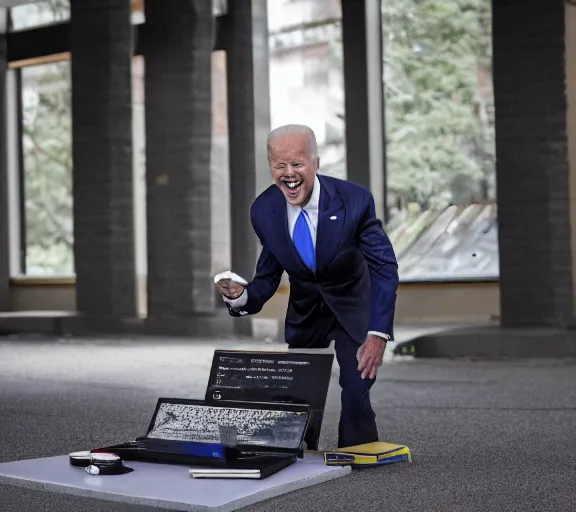 Prompt: color still of joe biden smashing a laptop with a brick, large smile, XF IQ4, 150MP, 50mm, F1.4, ISO 200, 1/160s, natural light