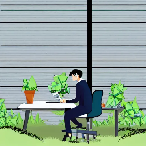 Image similar to a worker wearing a suit is sitting bored in front of his desk, it is inside a small cubicle which is completely surrounded by beautiful nature, total perspective, anime style