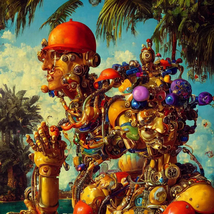 Prompt: a baroque close - up portrait painting of a robot person. water, colorful fruit, tropical palm trees, and mushrooms. surrealism. night background. highly detailed science - fiction fantasy painting by norman rockwell, moebius, frank frazetta, syd mead, and stanislaw fernandes. rich colors, high contrast. renaissance masterpiece. artstation