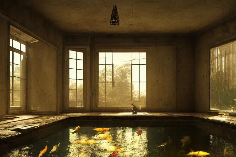 Image similar to the interior of an old abandoned house, a small pond in the center of the house. koi fish swim in the pond. golden rays of sunlight enter through the window., digital art, trending on artstation, matte painting, concept art, drawn by greg rutkowski, inspired by johannes vermeer, cold colors