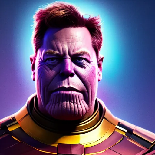 Image similar to a portrait of elon musk as thanos, the pixar adaptation, with same hairstyle, hyper detailed, digital art, trending in artstation, cinematic lighting, studio quality, smooth render, unreal engine 5 rendered, octane rendered